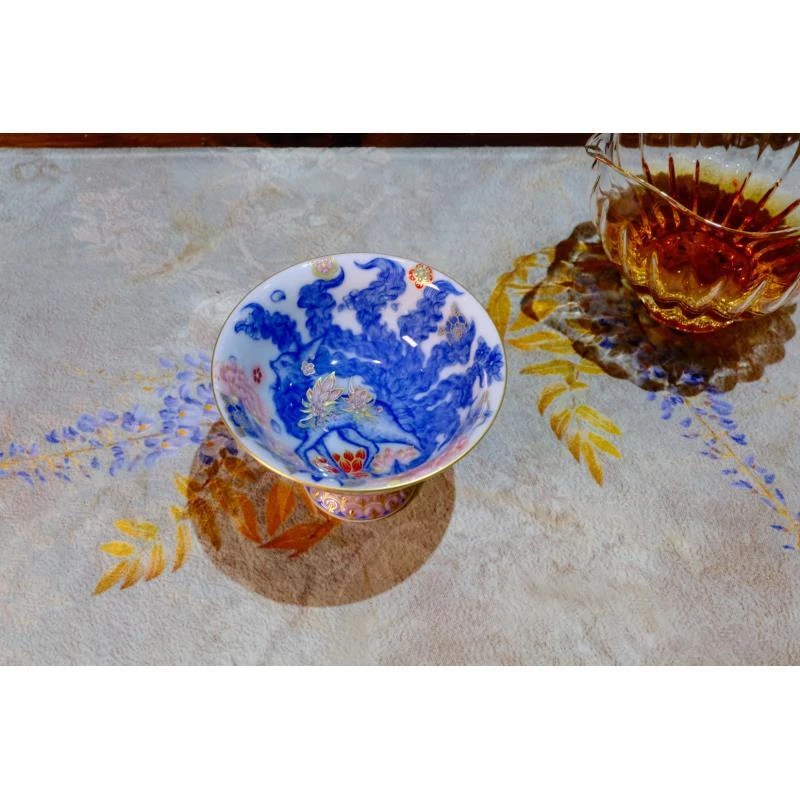 灵玺贡坊    青花九尾狐高足杯   茶具中式茶道手绘茶杯喝茶饮茶