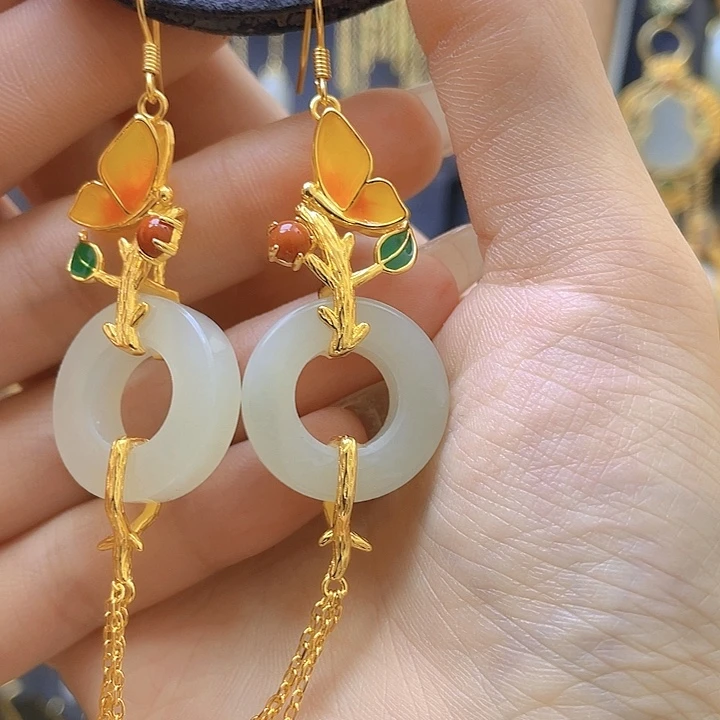 和田玉银S925镀金镶嵌耳饰