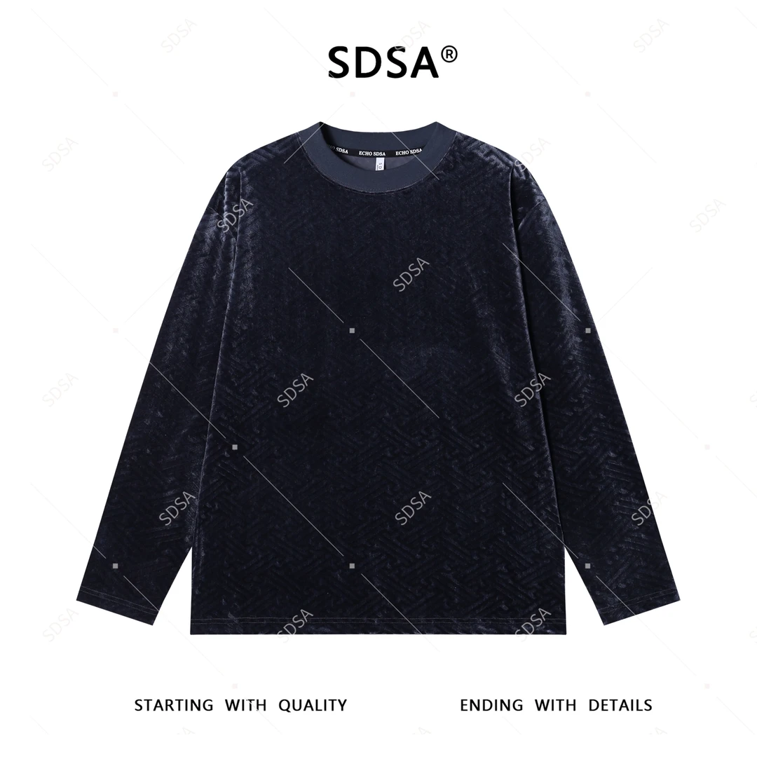 SDSA男士2025新款轻奢痞帅男装简约纯色植绒线条圆领长袖T恤时尚