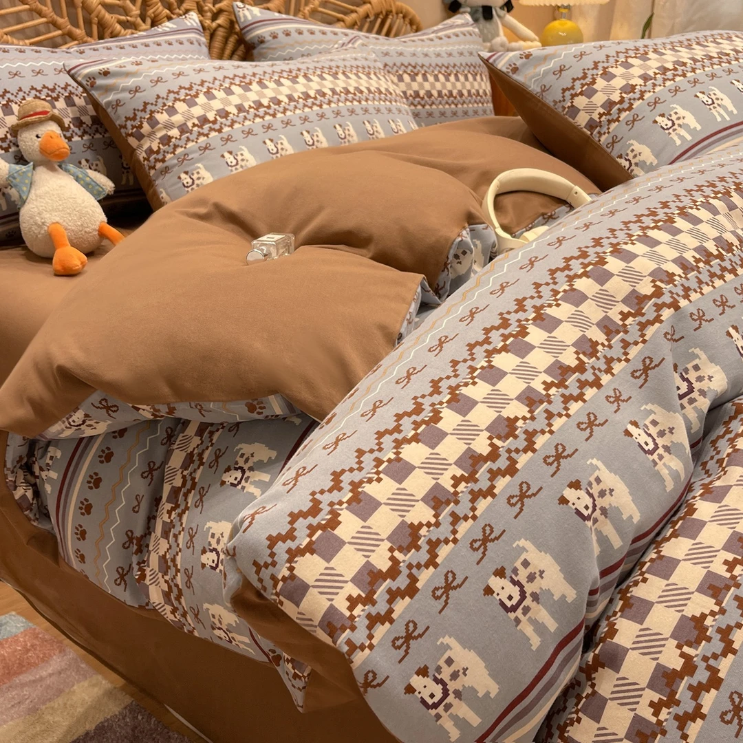 费尔岛风纯棉磨毛床上四件套2025秋冬季新款全棉加厚被套床单床品