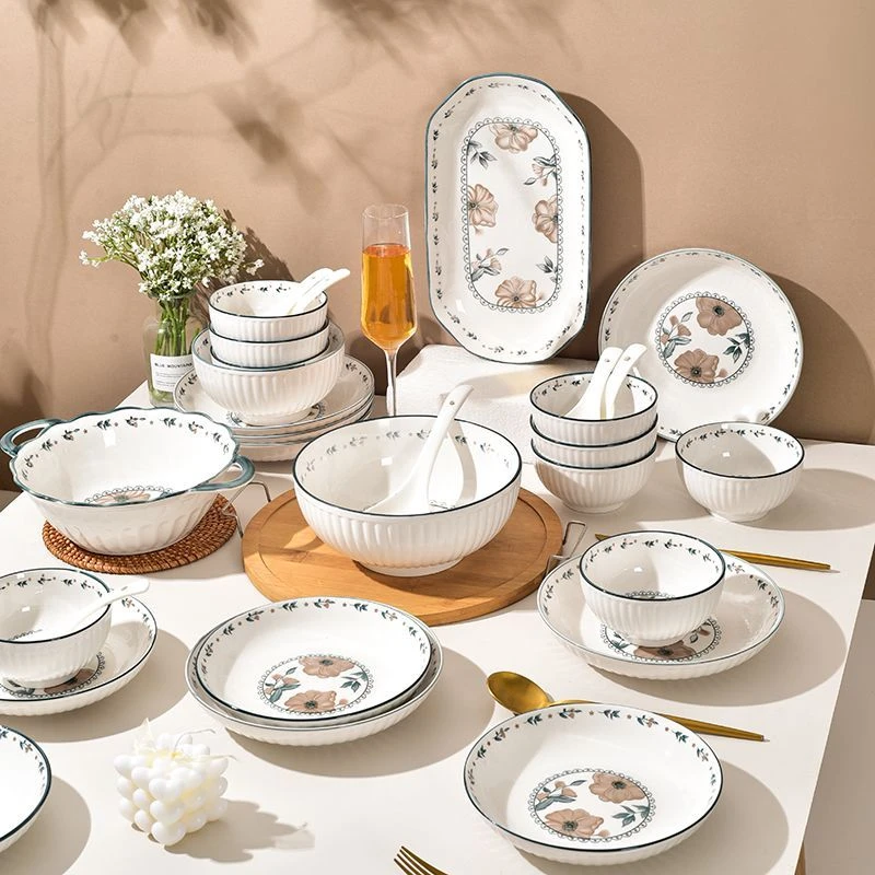 夏茉釉下彩陶瓷餐具碗盘菜盘碟子大汤碗套装乔迁新居