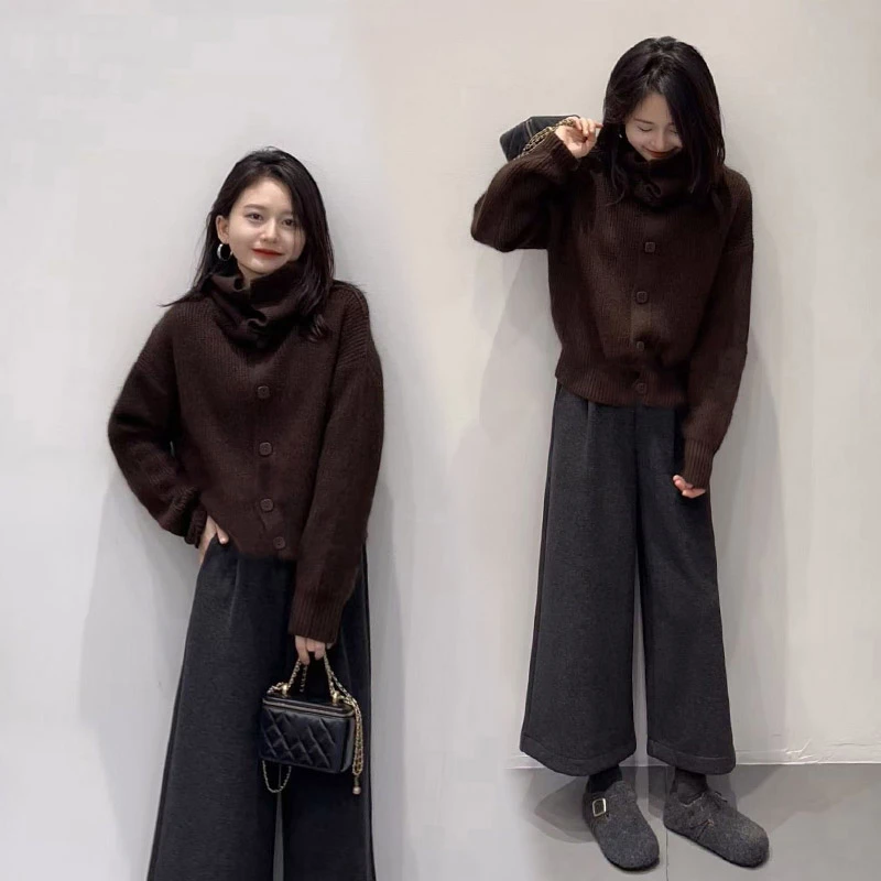 2025冬季新款慵懒高领毛衣老钱风气质通勤上衣外套呢子阔腿裤套装