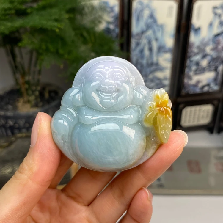 三彩俏色春彩紫底满色佛公笑佛挂件 天然翡翠A货
