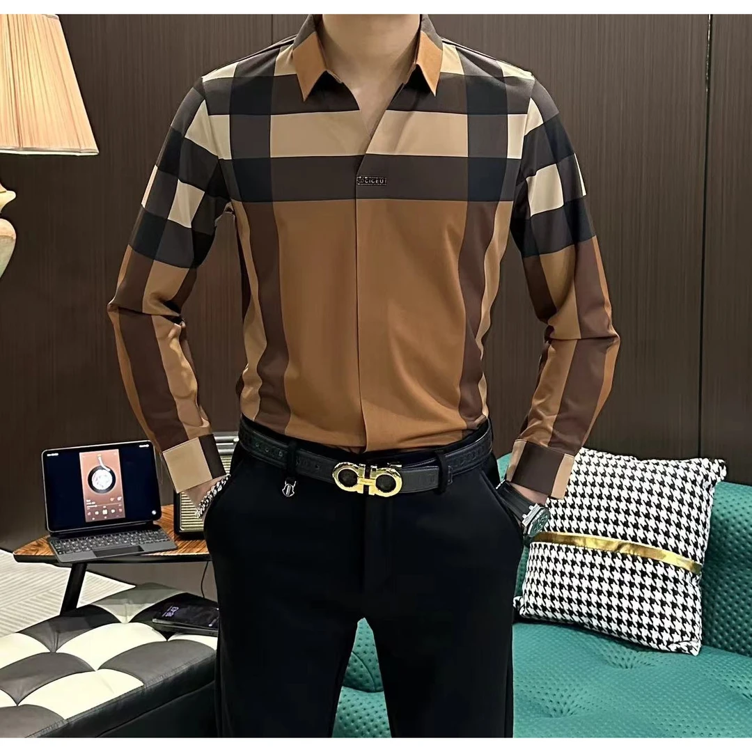 【娟娟男装】 春款高品质欧货休闲百搭秋冬格子拼色V领显瘦长袖衬衫