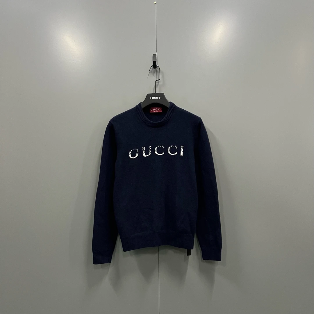 99新 GUCCI/古驰 楠21 藏青色嵌花羊毛衫 M码 608320