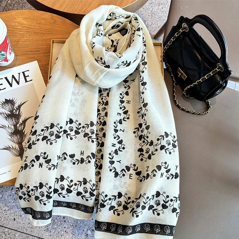 Miss Silas新款韩系简约优雅印花文艺旅游棉麻围巾女两用外搭披肩