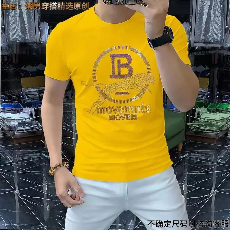 2025夏季新款男士短袖圆领烫钻豹子印花男士上衣欧货潮流纯棉体恤