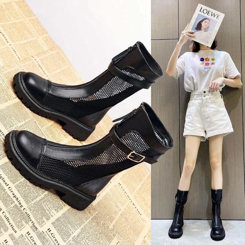 万达撤柜头层牛皮网纱马丁靴2025秋凉靴薄款透气显瘦网靴中筒皮靴