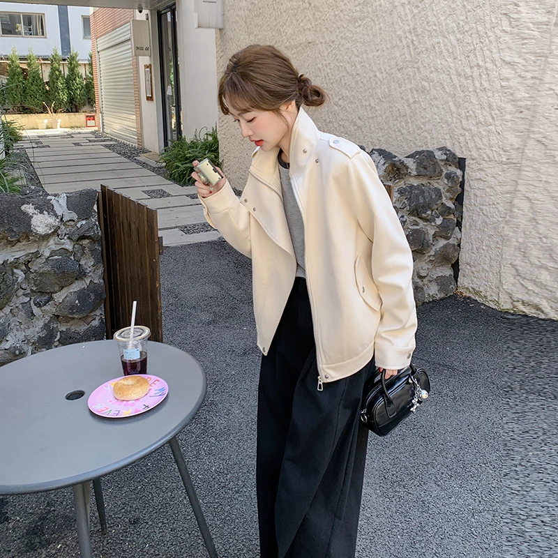 高级感简约立领麂皮绒外套女2025春季新款韩系休闲气质机车服上衣