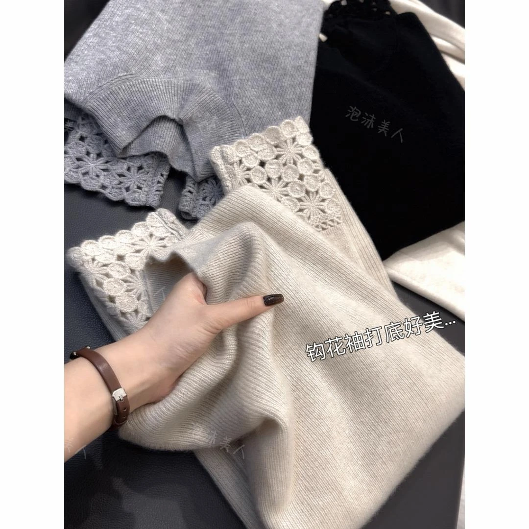正品撤柜羊毛衫袖口钩花半高领针织衫毛衣秋冬新款纯色打底上衣