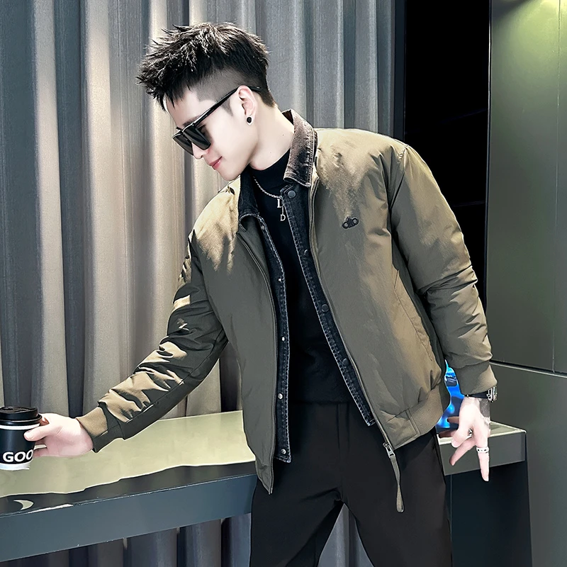 拼接复古棉衣外套男2025新款牛仔假两件翻领加棉潮牌棉服保暖棉袄