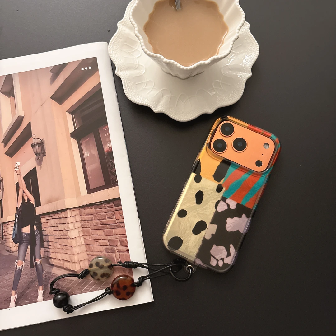 适用iPhone17Promax复古撞色拼接豹纹苹果16新款15Pro小众手机壳