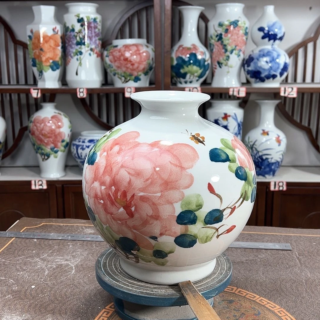 摆件景德镇陶瓷石红牡花