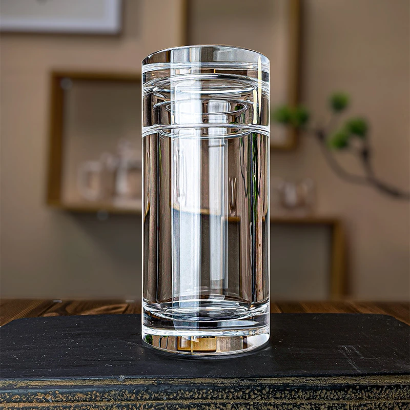 安享东海原矿水晶杯直筒梅兰刻字茶杯水杯大容量茶具高端盖杯