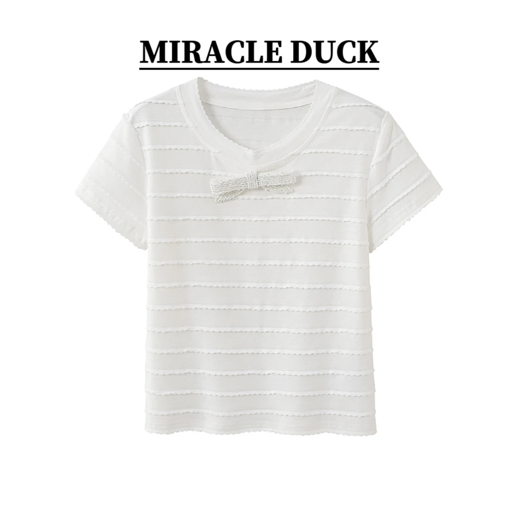 【甜美蝴蝶】夏季蝴蝶结休闲小众拼接横条纹t恤女装上衣C1643