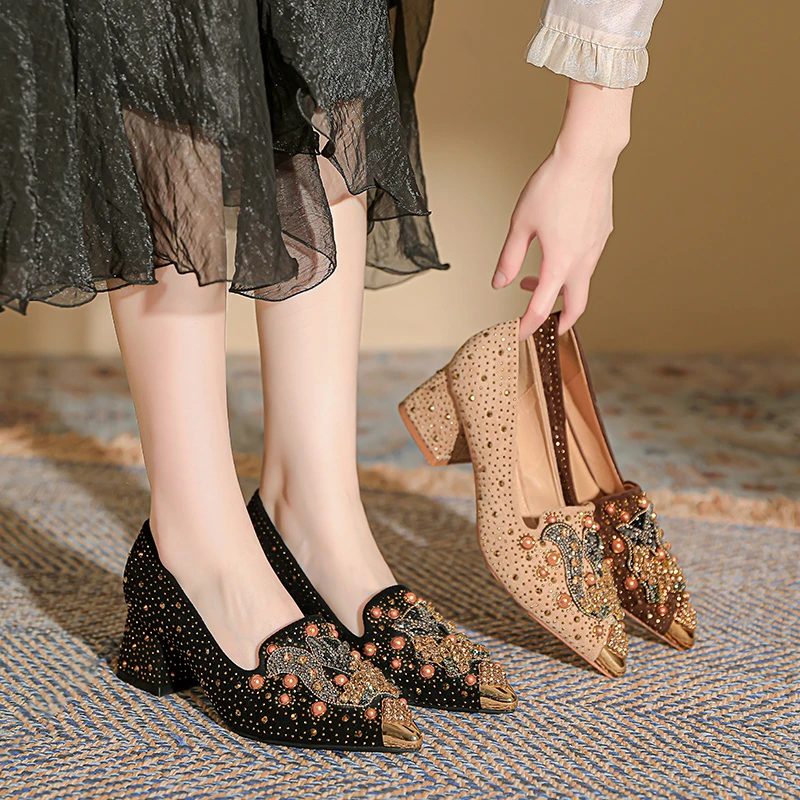 礼服宴会粗跟浅口单鞋2025年春季新款尖头高跟水钻狐狸单鞋女