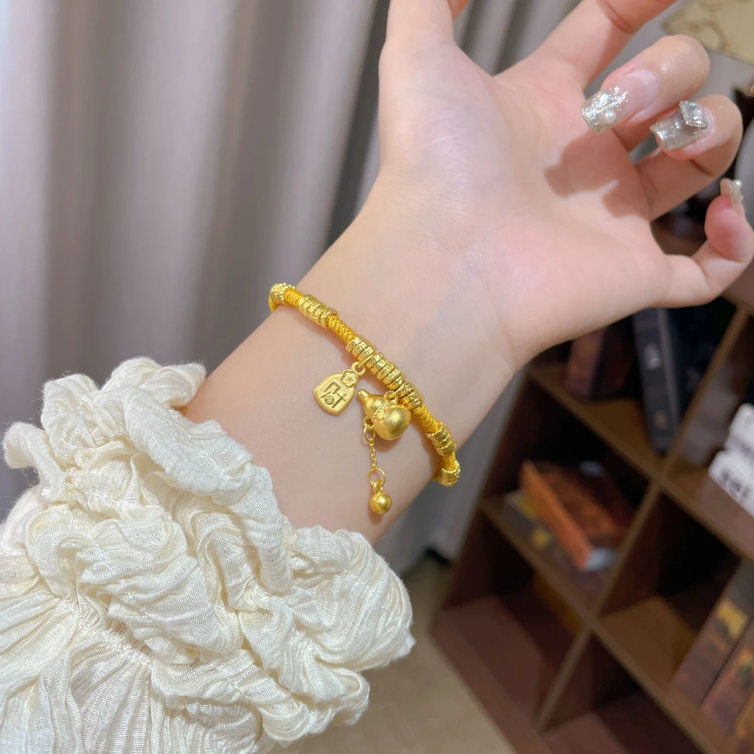 瑞诺黄金葫芦招财手链足金999小胖福盘缠编织手绳生日礼物送女友