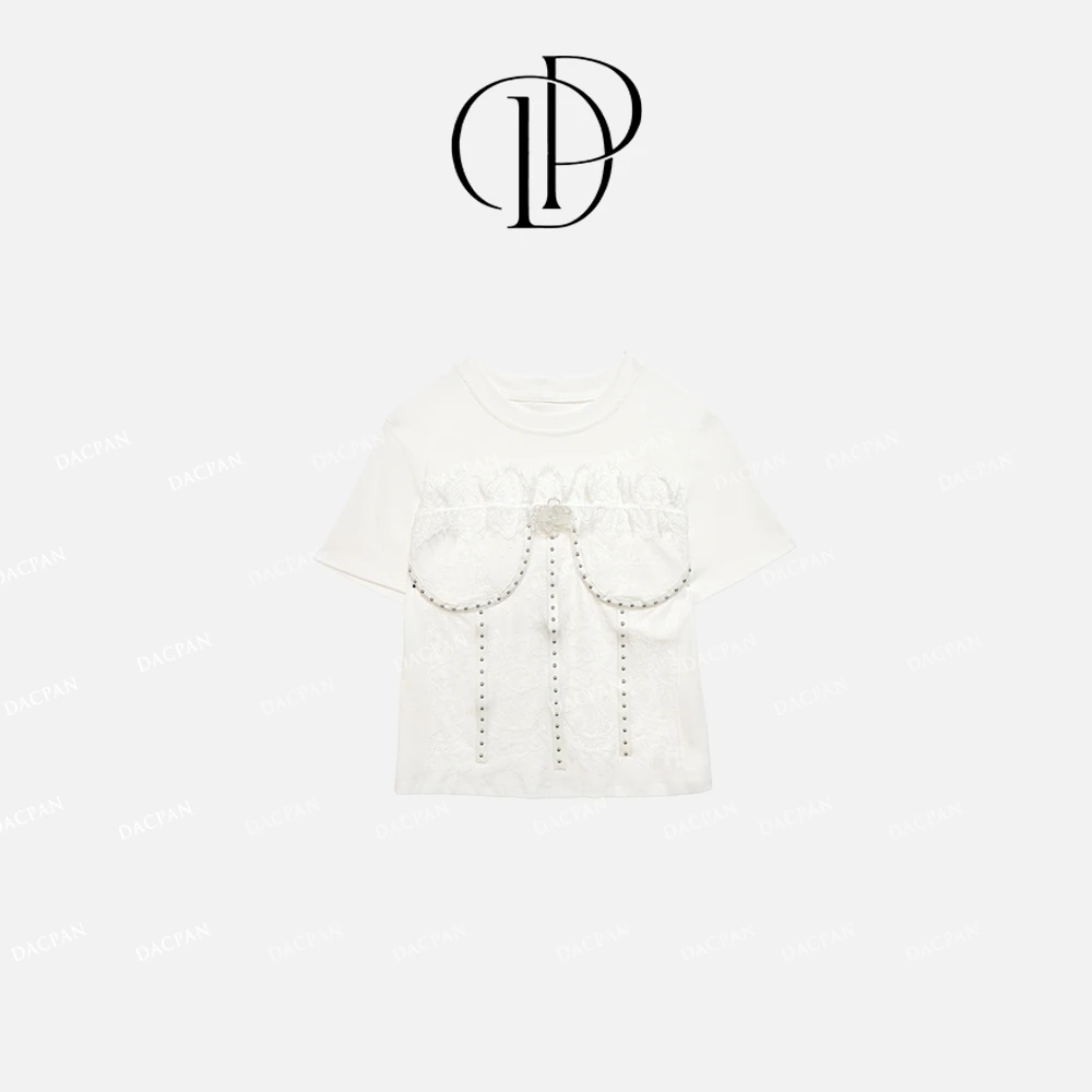 DACPAN-“奶芙慕斯”拼接蕾丝铆钉短袖上衣 2025/盼·PP 8870