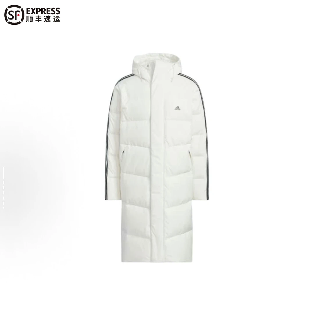 adidas/阿迪达斯600蓬保暖超轻耐磨防风品牌logo条纹长款羽绒服