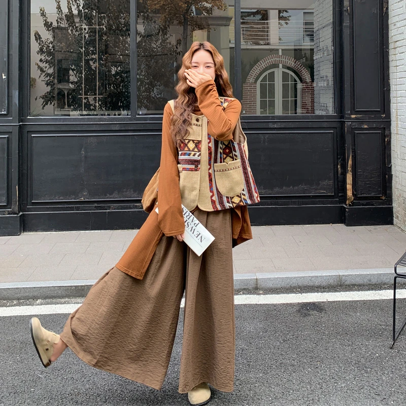 复古艺术生穿搭套装2025春秋新款盐系文艺范马甲不规则T恤阔腿裤