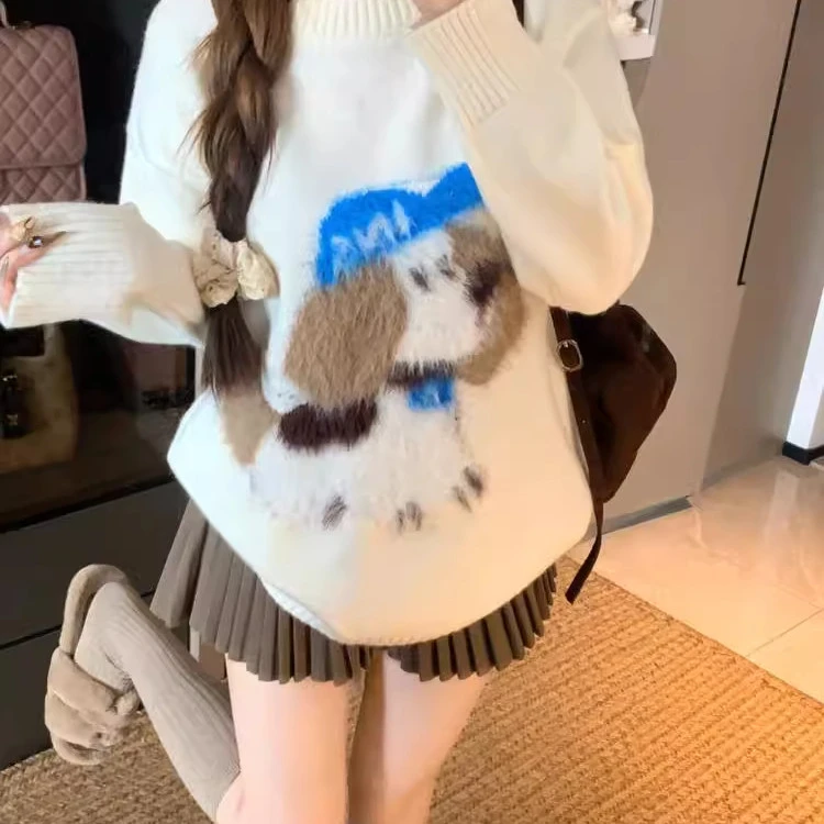 高级感圆领针织衫宽松上衣秋冬新款韩系慵懒风小狗提花软糯毛衣女