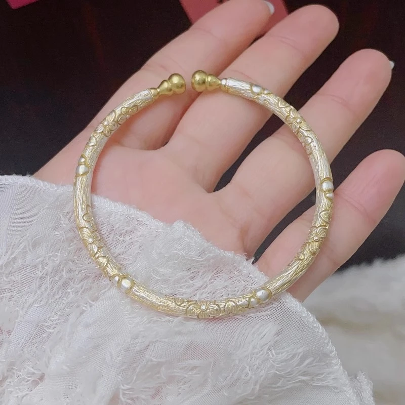 足银珐琅手镯 足银999葫芦手镯女实心开口描金樱花银镯子新中式