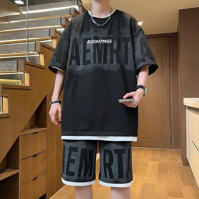 扎染假两件运动套装男夏季潮牌美式青少年宽松大码短袖短裤两件套