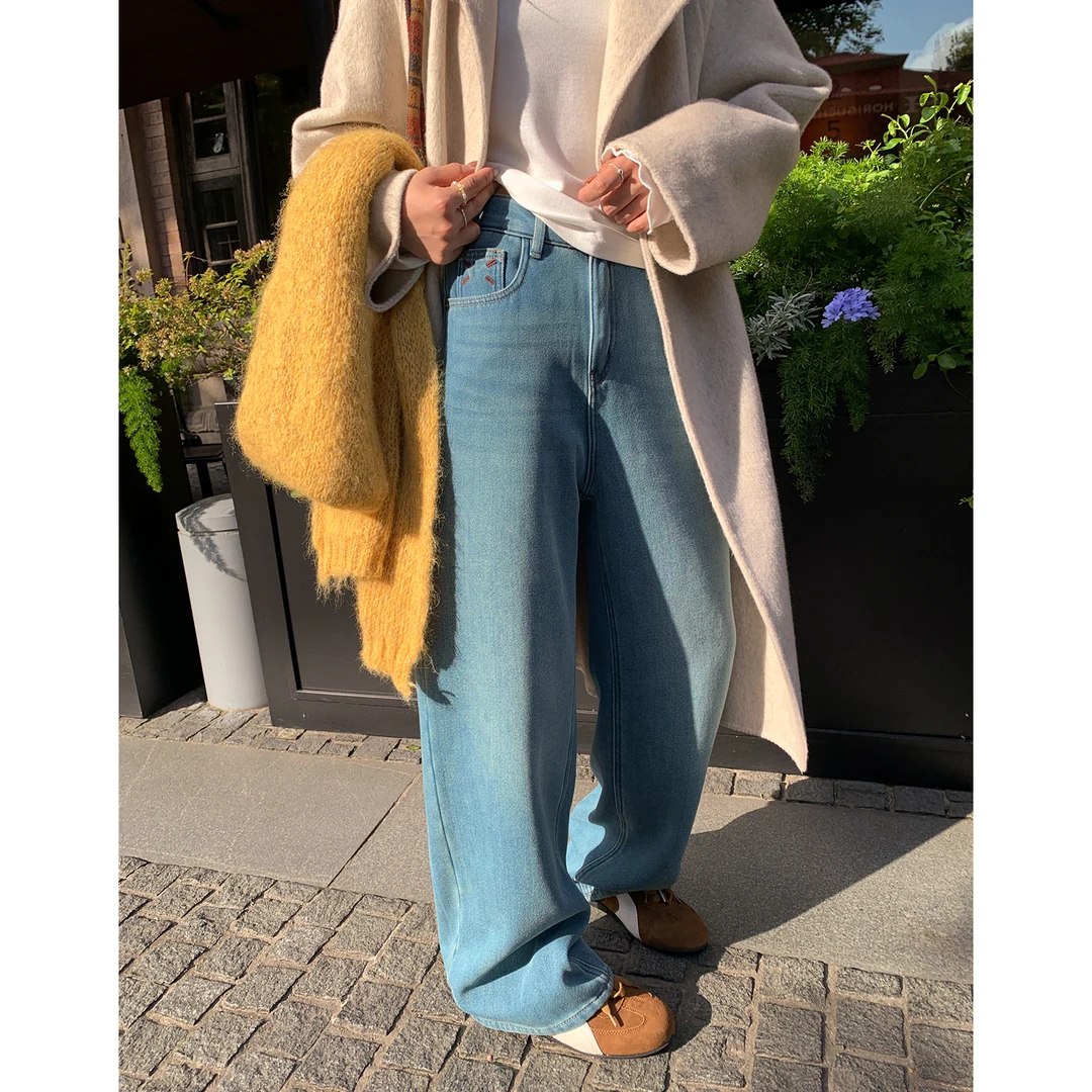 【西西里安】直腿加绒裤~冬日复古蓝保暖银狐绒直筒牛仔裤
