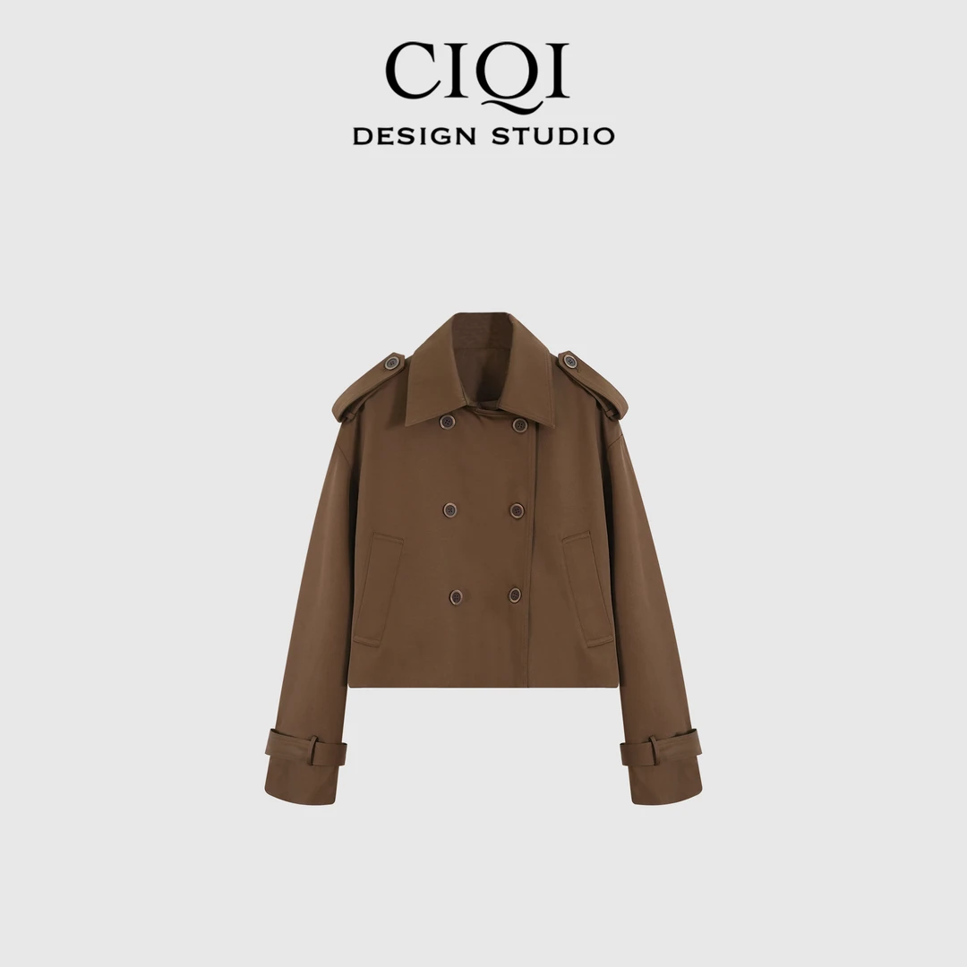 CIQI STUDIO【焦糖玛奇朵】喵系美拉德短款双排扣风衣夹克C8395