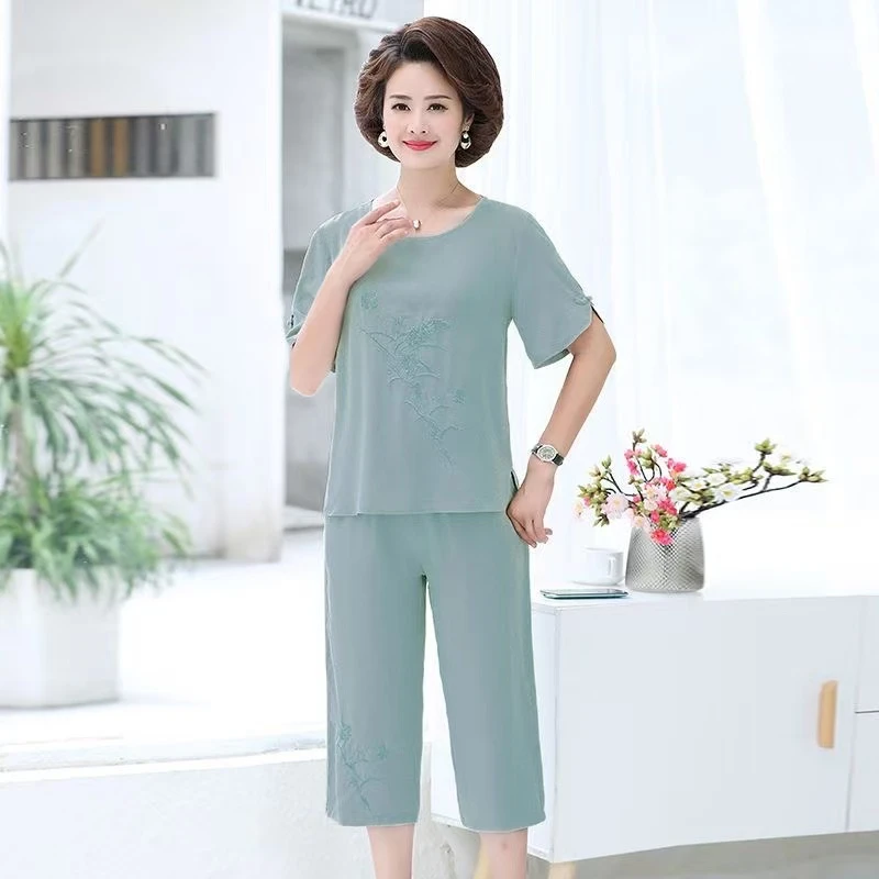 9167-中年妈妈夏装短袖T恤套装新款中老年女装两件套【D仓西楼梯】