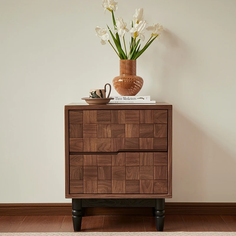 北欧轻奢黑胡桃实木原木床头柜卧室储物柜方块边柜现代简约
