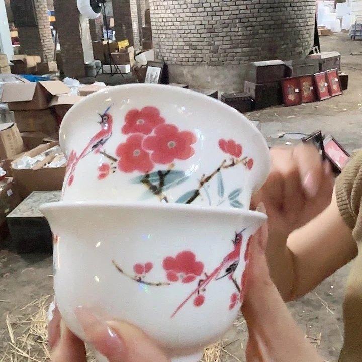 摆件景德镇高温陶瓷翠竹红梅一对