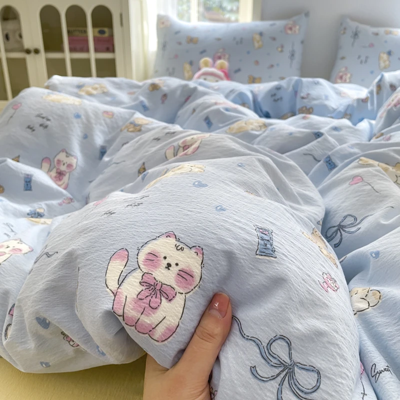 蓝色可爱猫咪水洗双层纱被套单人卡通少女非全棉纯棉被罩学生宿舍