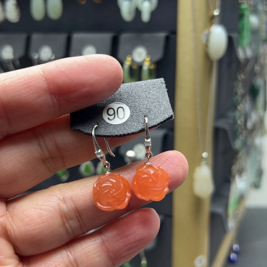 南红玛瑙银S925镶嵌耳饰