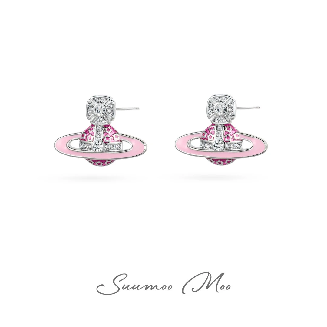 铜合金合成锆石耳饰 法式时尚粉色滴油星球耳环