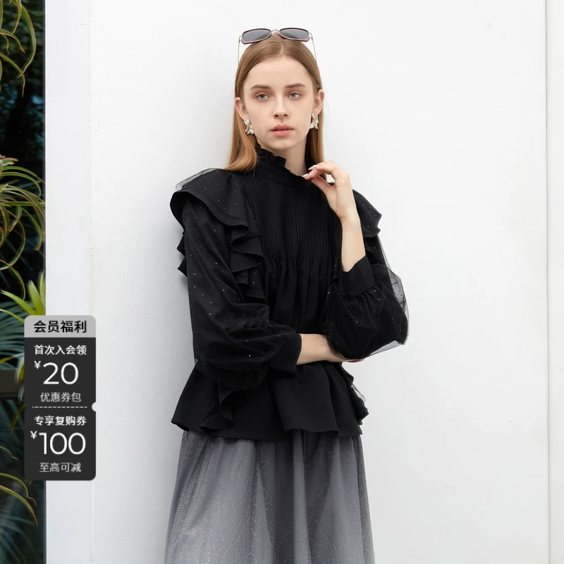 S·DEER圣迪奥女装秋季风琴褶灯笼袖黑色长袖衬衫小众洋气显瘦上衣