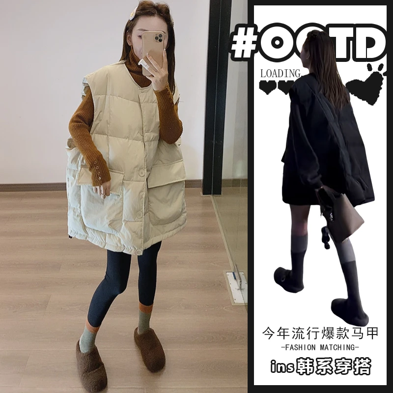 高级感超好看的大口袋无袖马甲秋冬季保暖外穿宽松坎肩中长款上衣