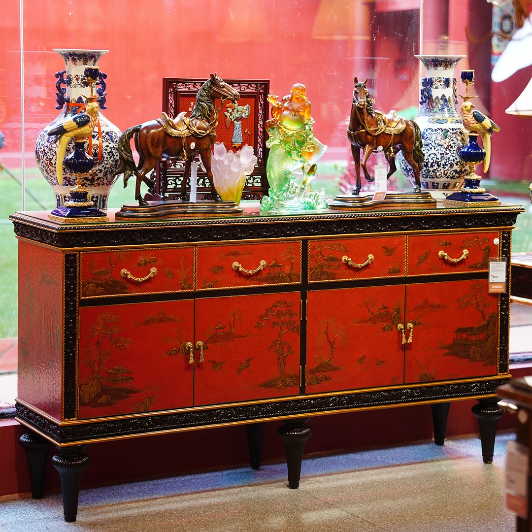 【本尼家】YS101法式中国风中法式布裂纹手绘山水图案装饰边柜