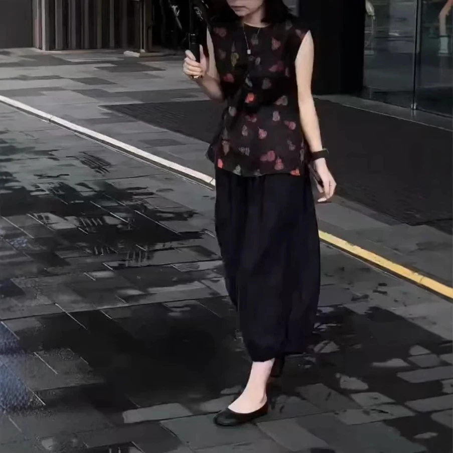 大爱美依缘2025夏季新款复古印花无袖上衣休闲哈伦裤洋气女