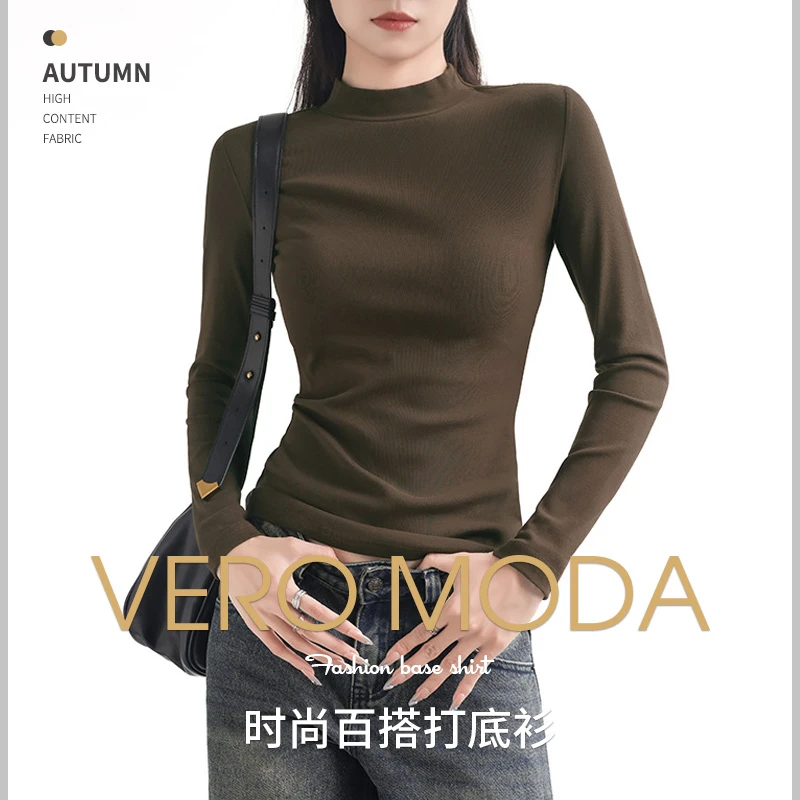 简约绣花针织短款半高领长袖T恤打底衫秋冬修身T恤上衣女