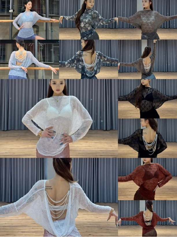 烁拉丁舞服长袖网纱罩衫透视大衫露背珍珠黑红蓝灰白色印花练舞女