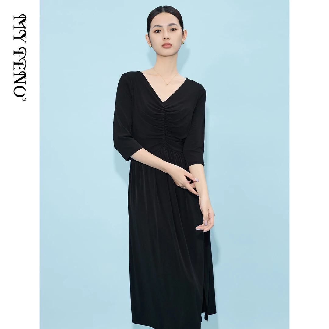 【福利专属】马天奴V领抽褶收腰显瘦时尚气质连衣裙女VHS179DRX0