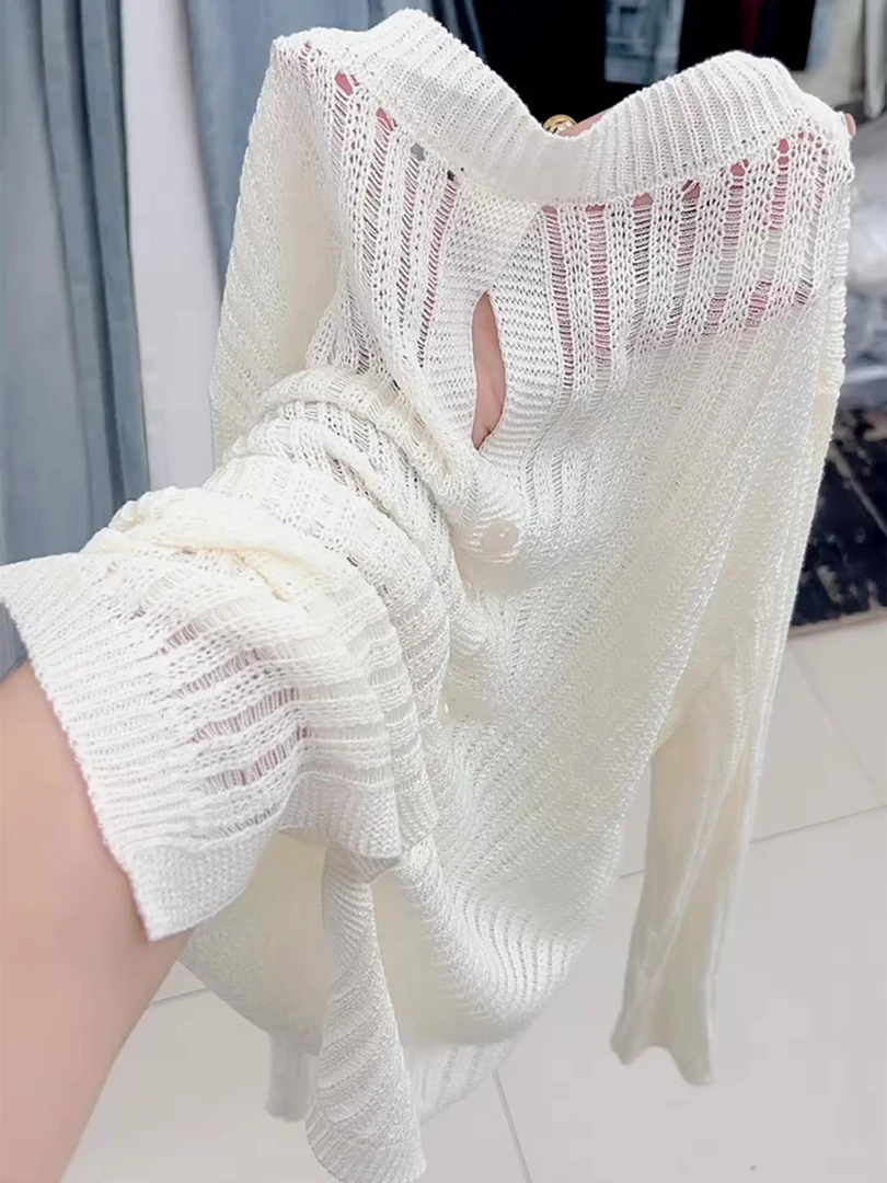 流行穿搭单件女2025早秋慵懒风减龄镂空长袖圆领宽松针织开衫上衣