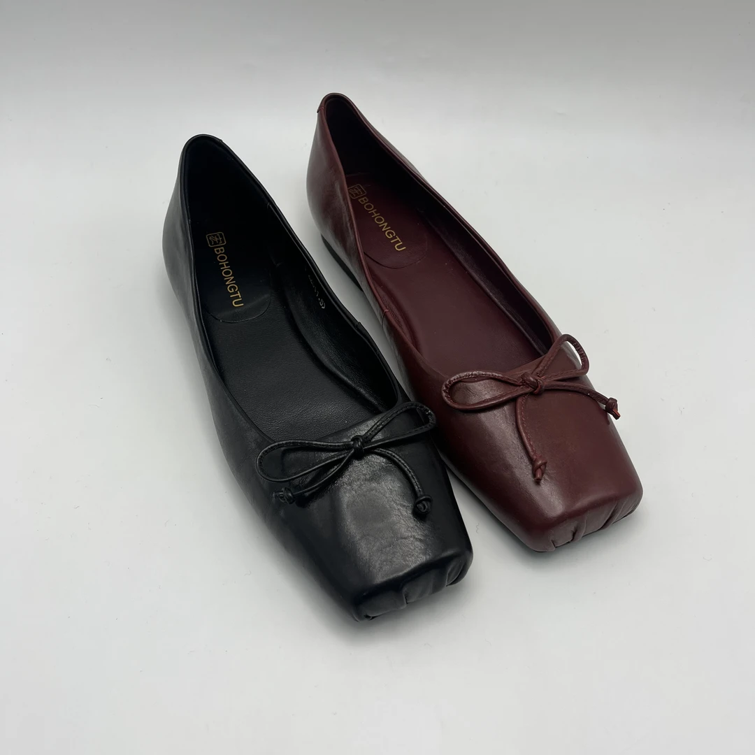 真皮气质女鞋蝴蝶结浅口春秋新款一脚蹬通勤百搭软底瓢鞋