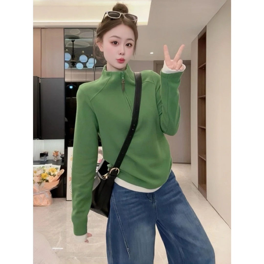 欧货设计感半拉链拼色德绒长袖卫衣女2025秋冬磨毛保暖打底衫上衣