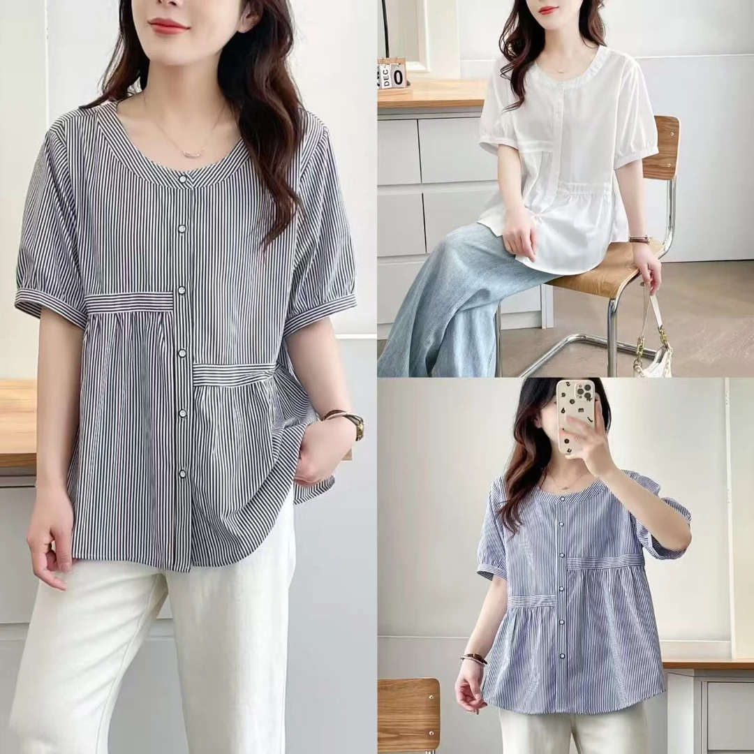 2025夏季条纹衬衣短袖衬衫小衫遮肚子时尚减龄上衣俊长袖衬衫女