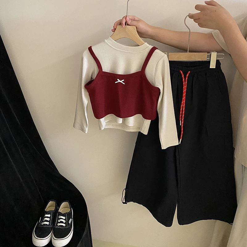 潮酷休闲工装裤2025春季新款纯色打底衣蝴蝶结短款吊带叠穿套装潮