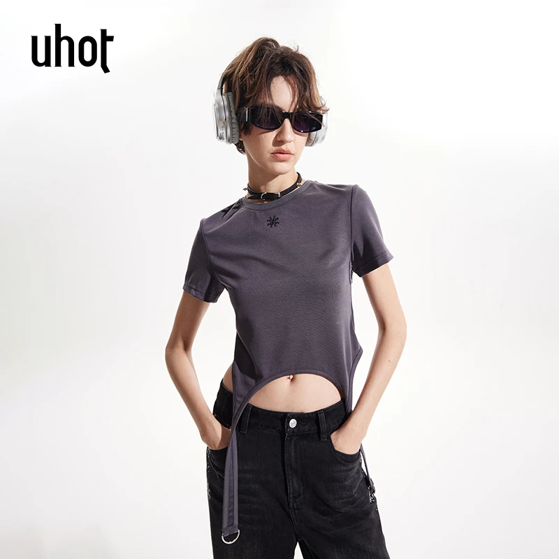 uhot 灰色个性露腰小圆领设计显瘦百搭内搭上衣 UWWS3T109