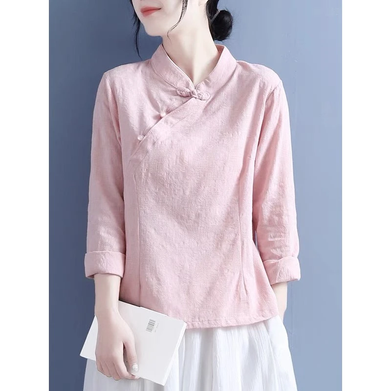 哥弟阿玛施正品中国风粉色提花亚麻女衬衫2025夏季新中国风设计板