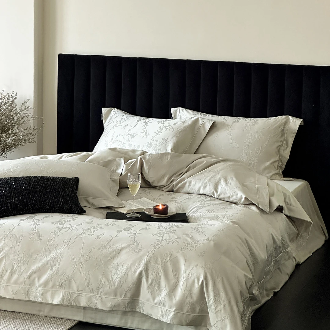 简奢新款100s全棉厚织提花四件套时尚竹韵纯棉被套床单款床上用品